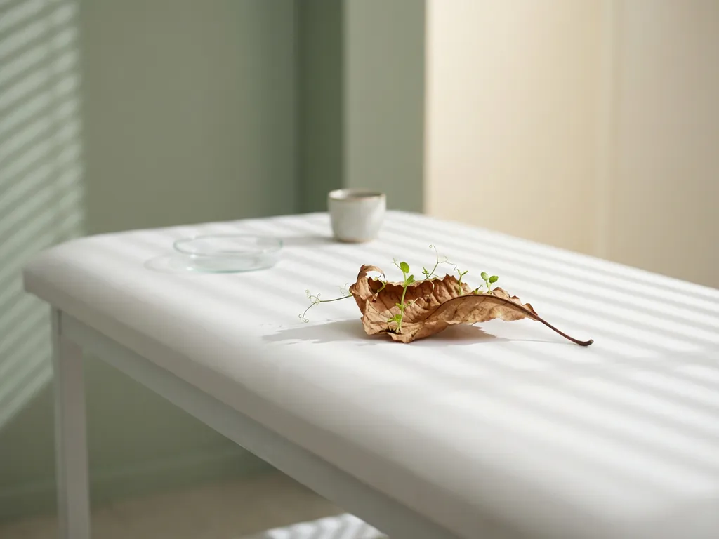 Verwelkt plantblad met verse groene groei aan de randen op witte medische tafel in natuurlijk licht
