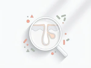 Doorsnede van een huidporië met talgklier, omringd door geometrische vormen die hormonen en bacteriën voorstellen in koraal en groentinten