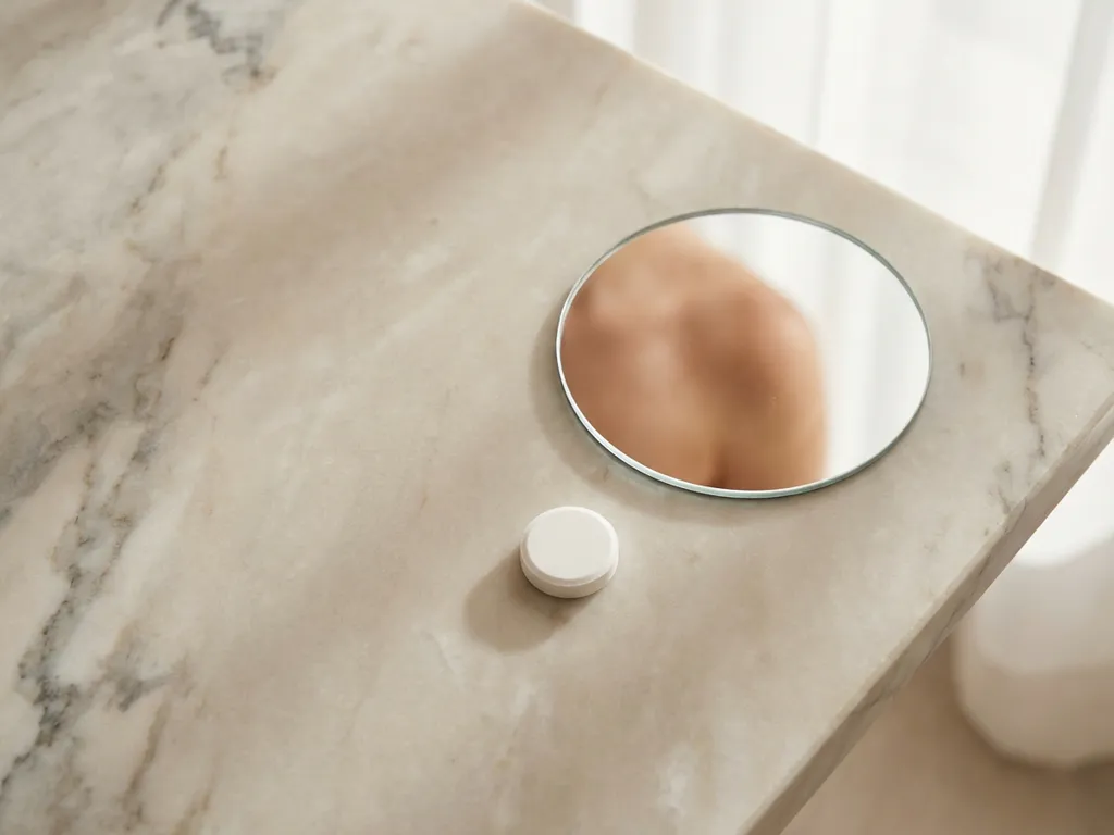 Witte prednison tablet op marmeren oppervlak naast kleine spiegel, zachte natuurlijke belichting, minimalistische compositie