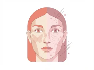 Vrouwengezicht verticaal gedeeld toont lupus vlindervormige uitslag links en rosacea bultjes rechts in medische illustratiestijl