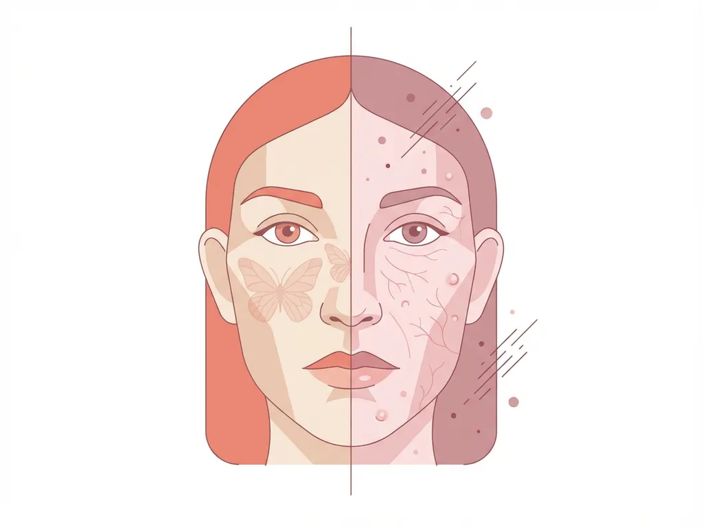 Vrouwengezicht verticaal gedeeld toont lupus vlindervormige uitslag links en rosacea bultjes rechts in medische illustratiestijl