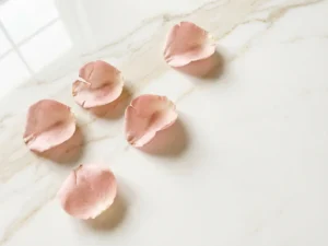 Vijf roze rozenblaadjes verspreid op wit marmer oppervlak met zachte schaduwen en minimalistisch design