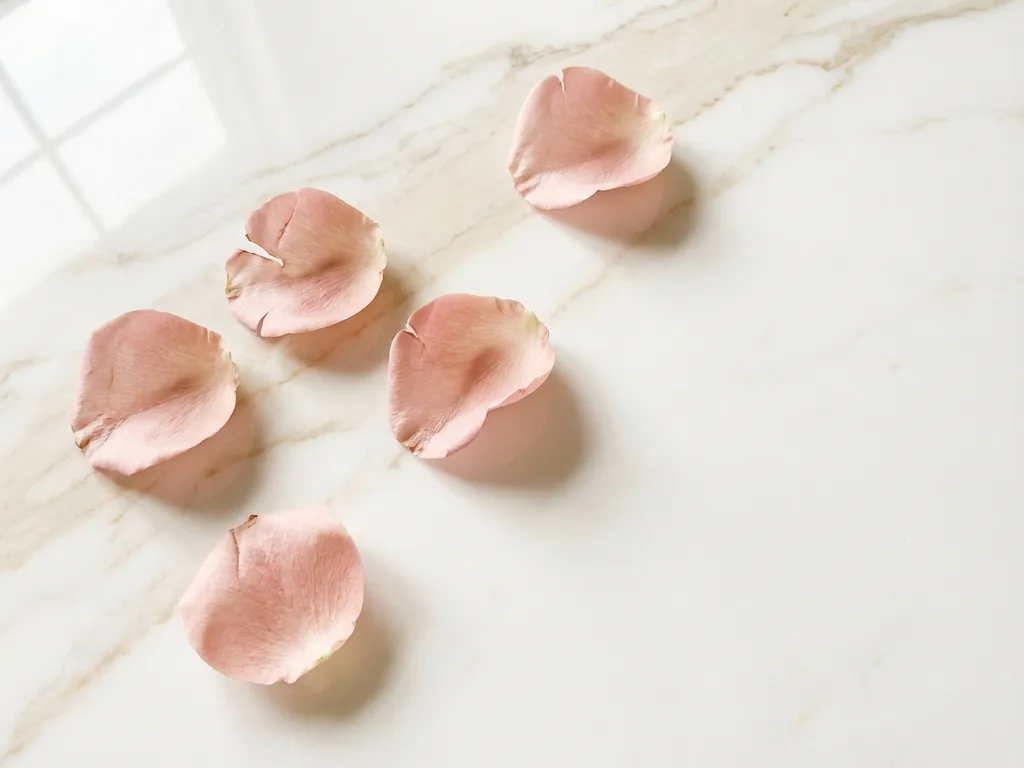 Vijf roze rozenblaadjes verspreid op wit marmer oppervlak met zachte schaduwen en minimalistisch design