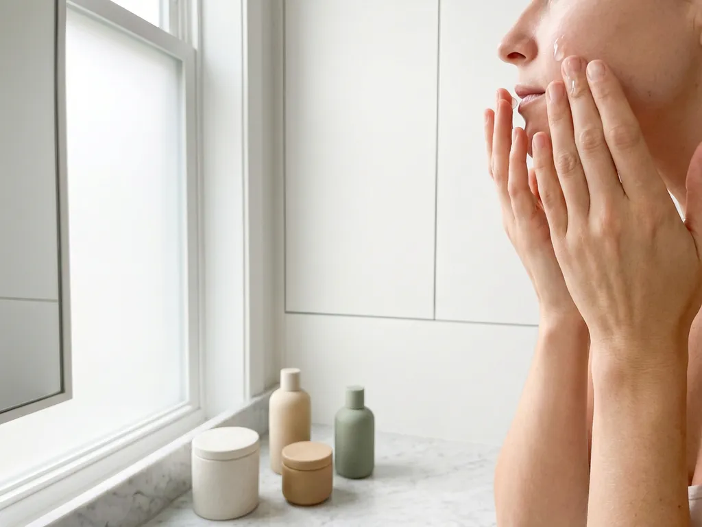 Vrouw brengt heldere huidverzorgingsserum aan op gezicht in minimalistische witte badkamer met marmeren aanrecht