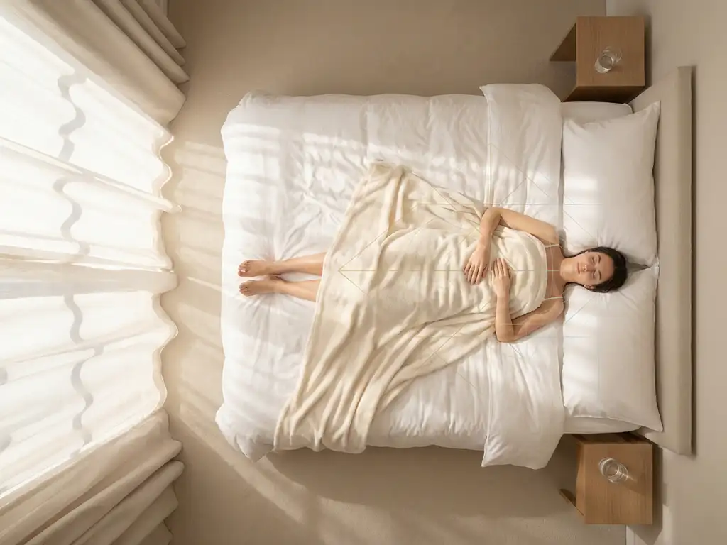 Persoon rust vredig in wit bed met zachte ochtendlicht door gordijnen, geometrische vormen suggereren wellness verbindingen