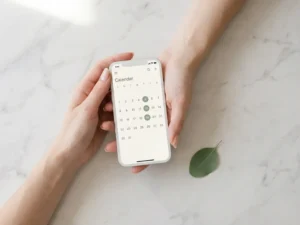 Handen houden witte smartphone met kalender-app op marmeren oppervlak naast groen blad, bovenaanzicht