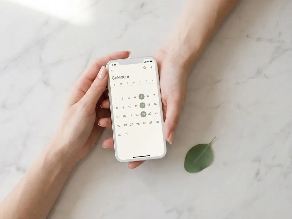 Handen houden witte smartphone met kalender-app op marmeren oppervlak naast groen blad, bovenaanzicht