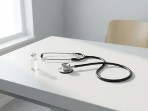 Stethoscoop en glazen flesje met heldere vloeistof op witte onderzoektafel in medische omgeving