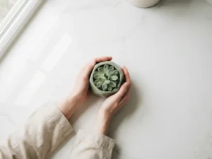 Handen die voorzichtig een kleine vetplant in pot vasthouden op wit marmeren oppervlak met natuurlijk licht