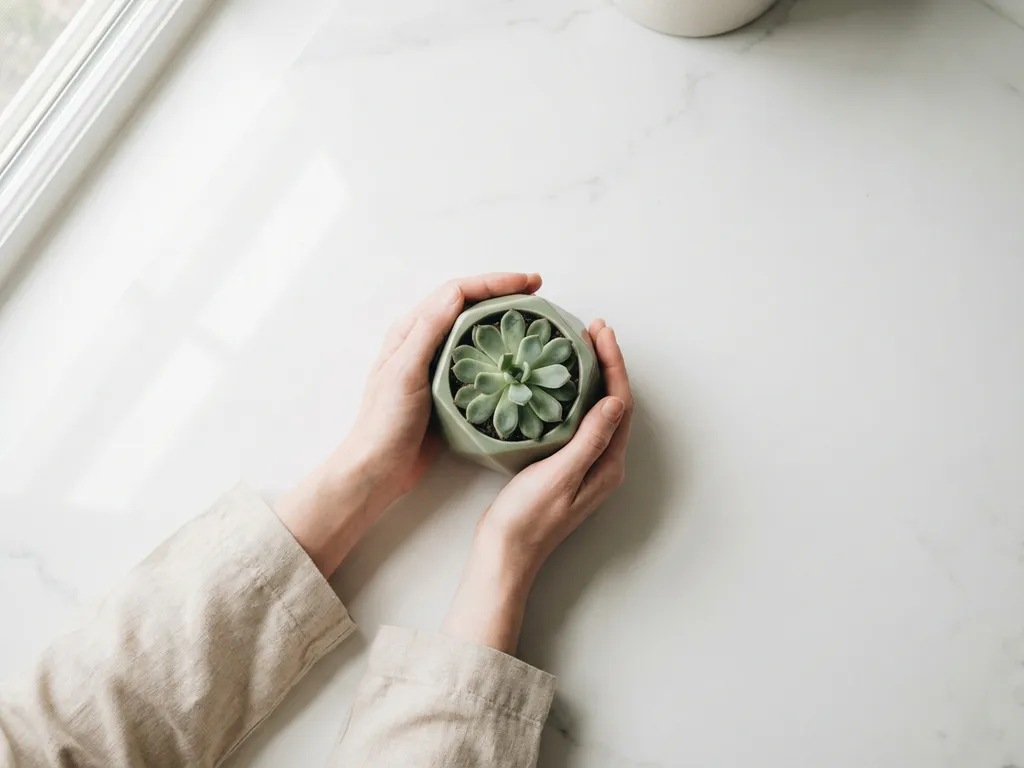Handen die voorzichtig een kleine vetplant in pot vasthouden op wit marmeren oppervlak met natuurlijk licht