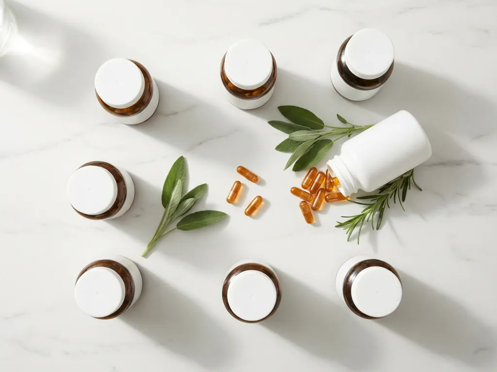 Witte medicijnflesjes en kleurrijke capsules op marmeren oppervlak naast verse groene kruiden, platte bovenaanzicht