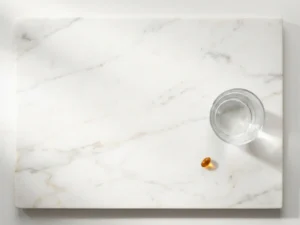 Vitamine D3 capsule op wit marmeren oppervlak naast glas water met zachte natuurlijke belichting