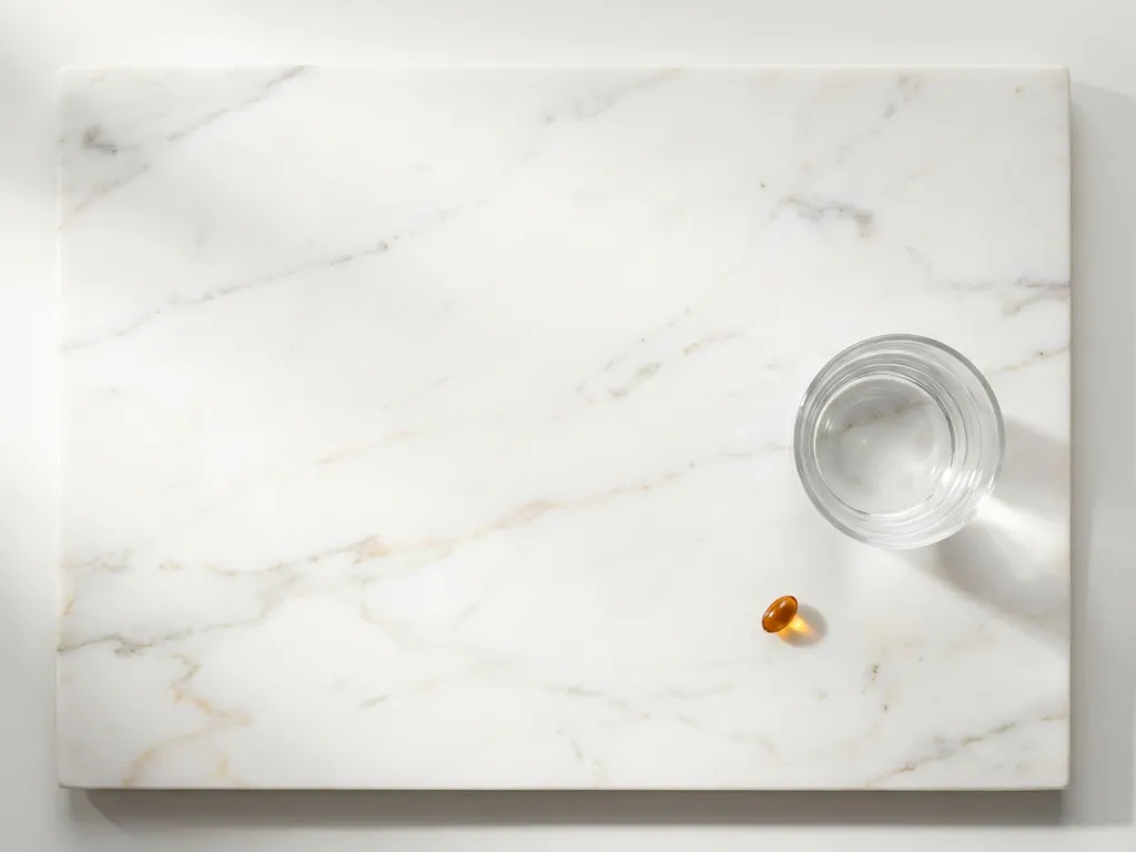 Vitamine D3 capsule op wit marmeren oppervlak naast glas water met zachte natuurlijke belichting