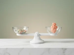 Witte weegschaal met kleurrijke vitaminesupplementen in één schaal en anatomisch hartmodel in de andere, perfect gebalanceerd op marmeren oppervlak