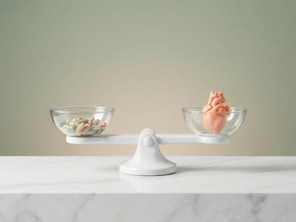 Witte weegschaal met kleurrijke vitaminesupplementen in één schaal en anatomisch hartmodel in de andere, perfect gebalanceerd op marmeren oppervlak