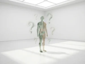 Translucente menselijke silhouet van geometrische vormen met zwevende vraagtekens in minimalistische witte ruimte