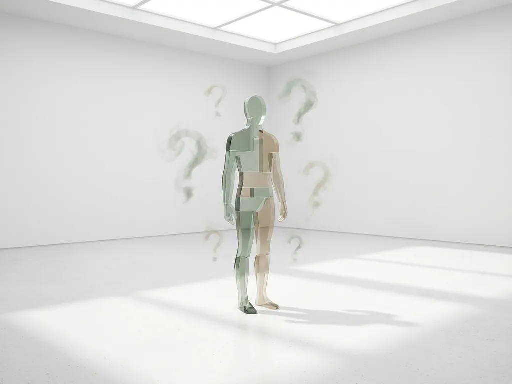 Translucente menselijke silhouet van geometrische vormen met zwevende vraagtekens in minimalistische witte ruimte