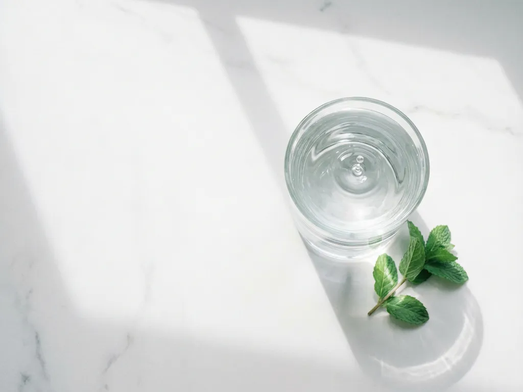 Helder glas water met rimpelende druppel op wit marmeren aanrecht naast verse muntblaadjes in natuurlijk licht
