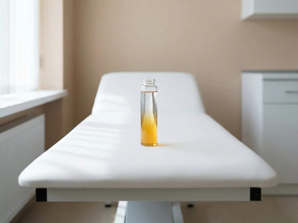 Glazen flesje met heldere vloeistof die langzaam verandert in gouden honing op witte medische tafel