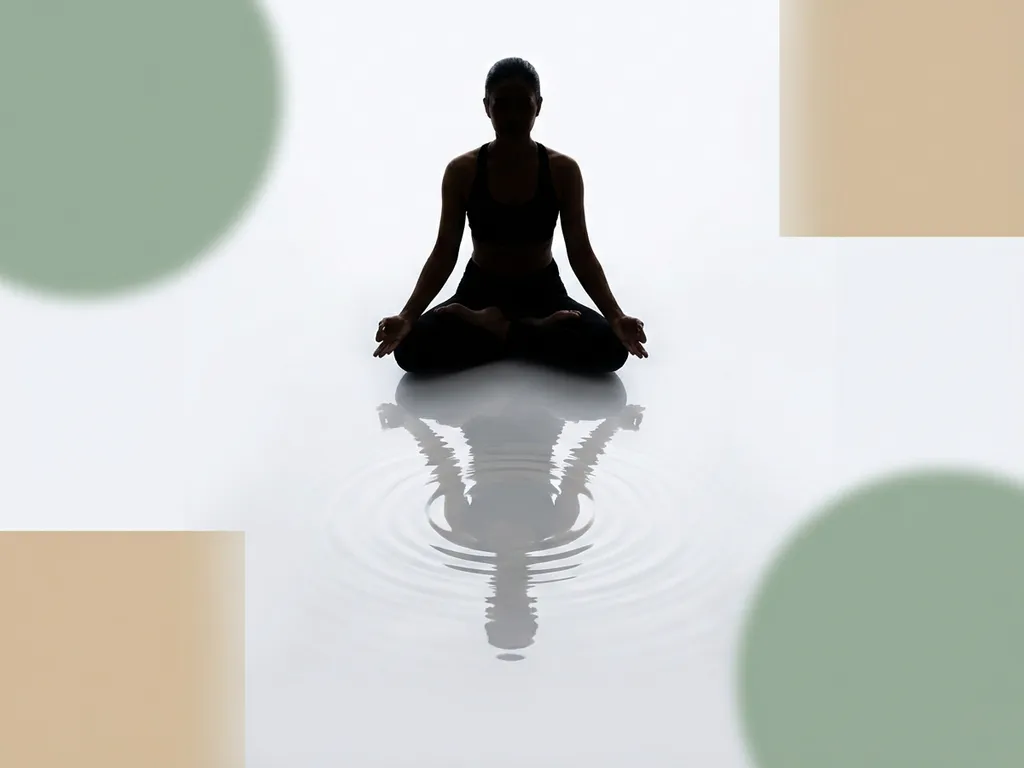 Persoon in yoga houding op witte ondergrond met waterachtige reflectie, bovenaanzicht in zachte groene en beige tinten