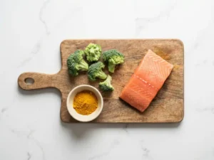 Verse zalm, groene broccoli en kurkumapoeder op houten snijplank, bovenaanzicht op marmeren aanrecht