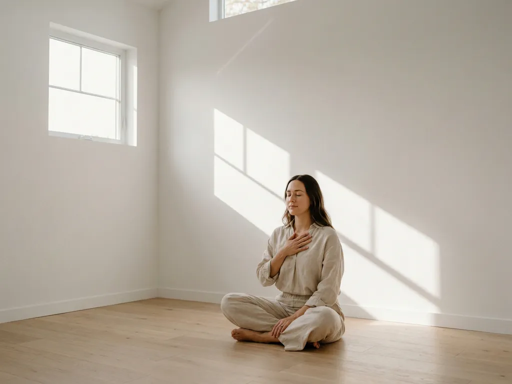 Persoon in minimalistische witte kamer met hand op borst in moment van zelfreflectie, zachte schaduwen door raam