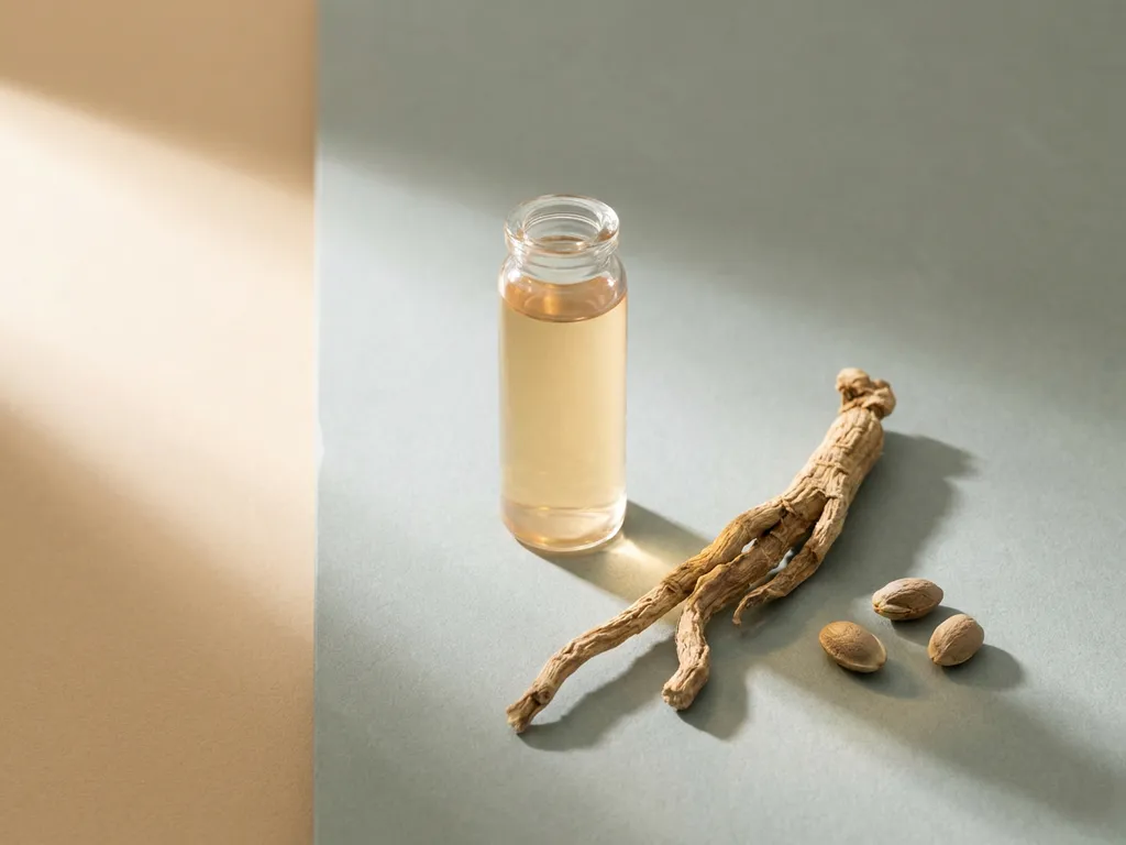 Klein glazen flesje met lichtamber adaptogeen extract op stenen ondergrond, naast gedroogde wortel en zaden in zacht ochtendlicht.