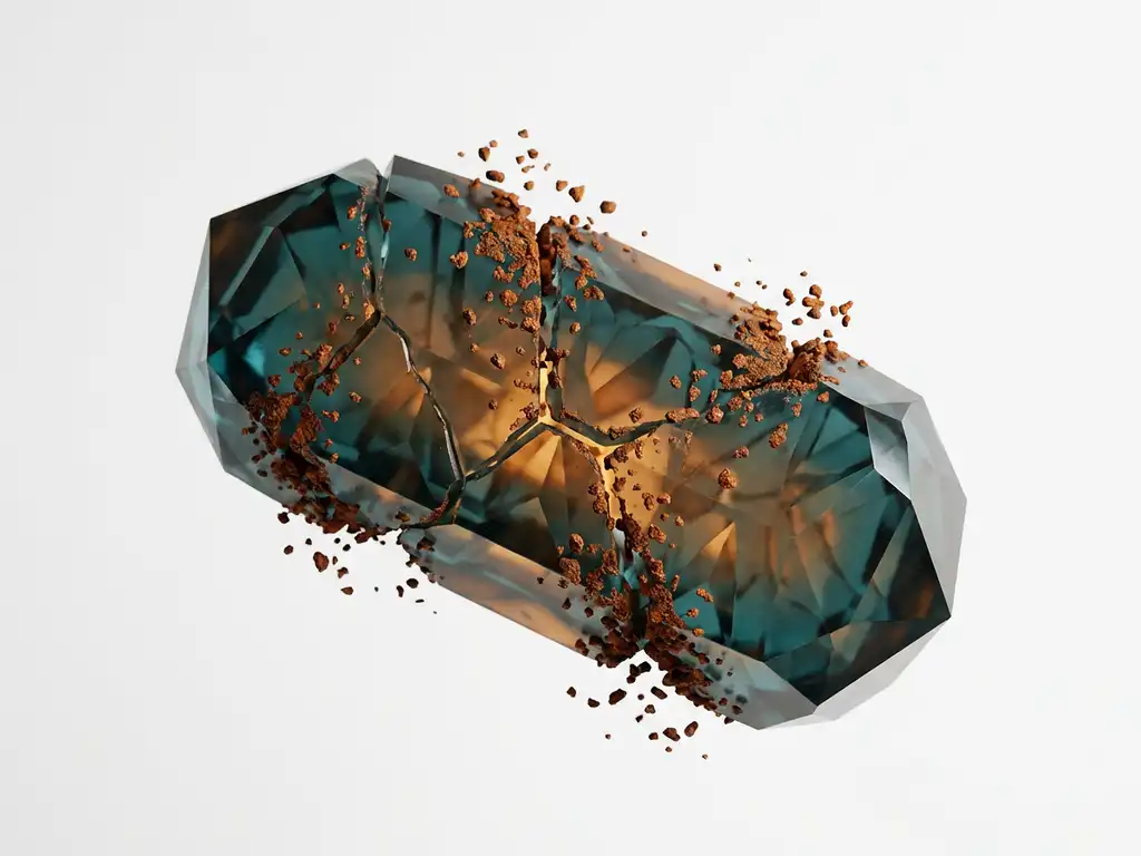 Beschadigd mitochondrion als gebarsten kristalvorm met roestkleurige oxidatieve deeltjes die de ambergloed dempen.