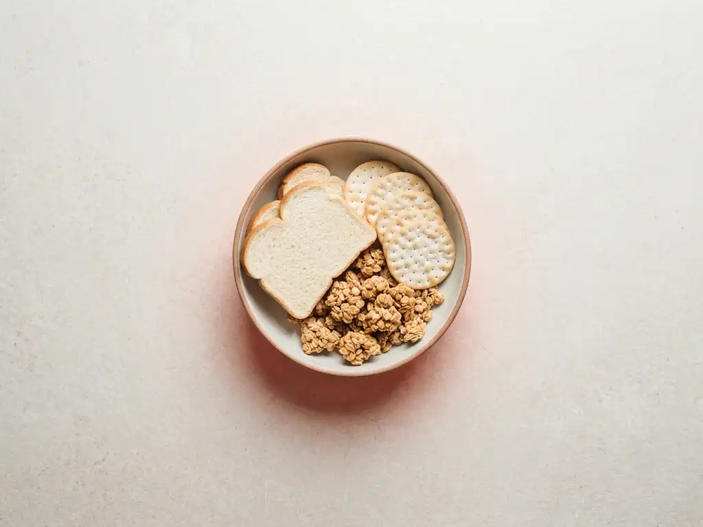 Kom met witbrood, crackers en suikerhoudende granola op stenen ondergrond, met roodachtig gloed die ontstekingsreactie symboliseert.