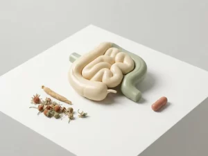 Anatomisch darmmodel omringd door ashwagandha, kamille en probiotica capsule op wit oppervlak, minimalistische compositie in salie en ivoor.