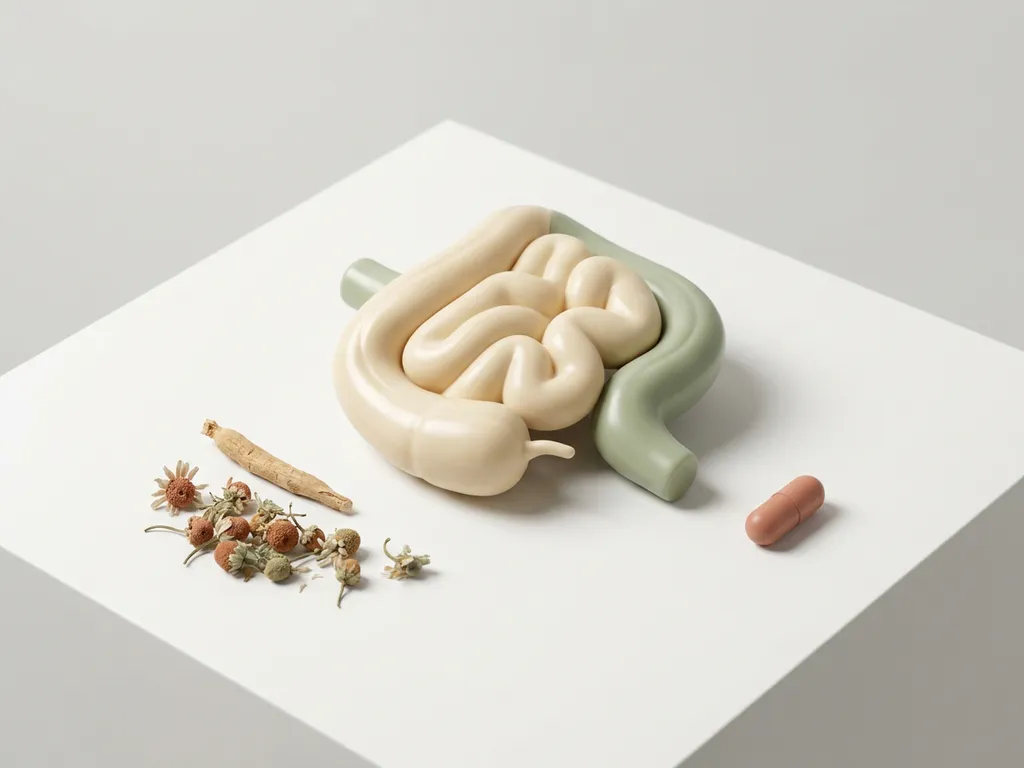 Anatomisch darmmodel omringd door ashwagandha, kamille en probiotica capsule op wit oppervlak, minimalistische compositie in salie en ivoor.