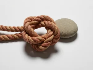 Verward touw in knoopvorm naast een gladde steen op wit oppervlak, symbool voor verstoorde darmgezondheid en cortisolbalans.