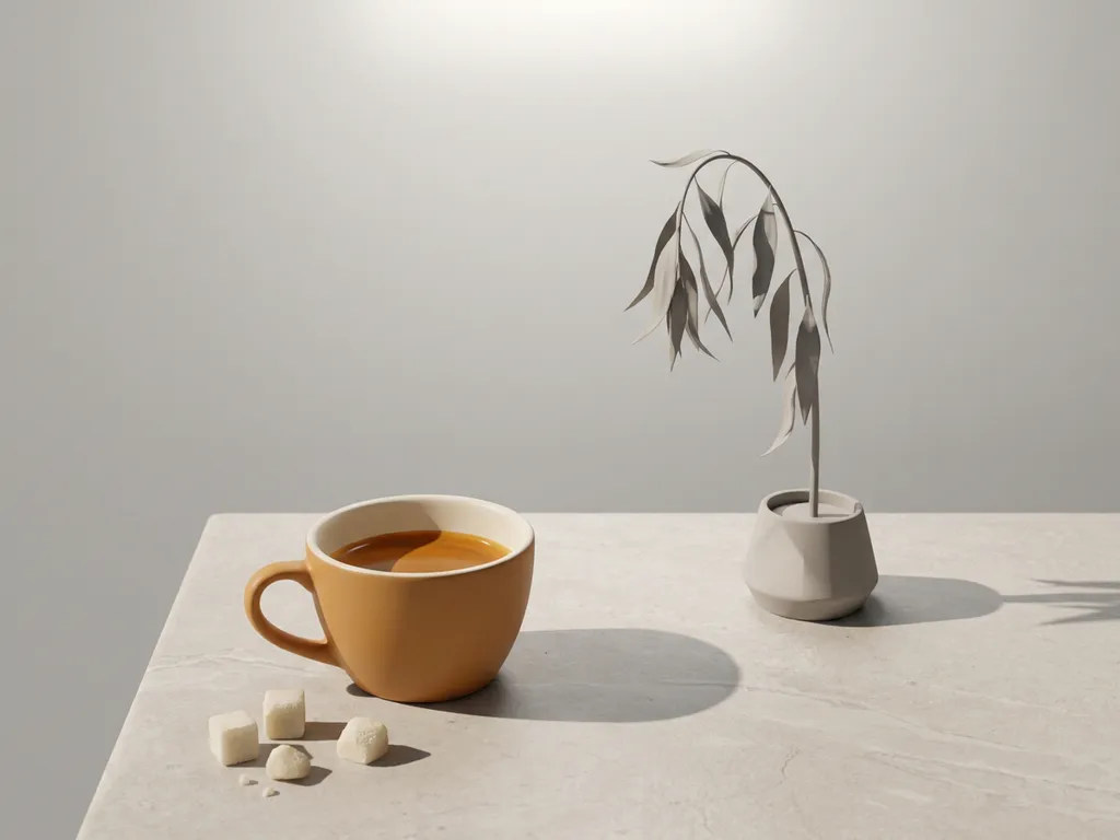 Half-leeg espressokopje met suikerklontjes op stenen ondergrond, naast een verwelkende plant die een lange schaduw werpt.