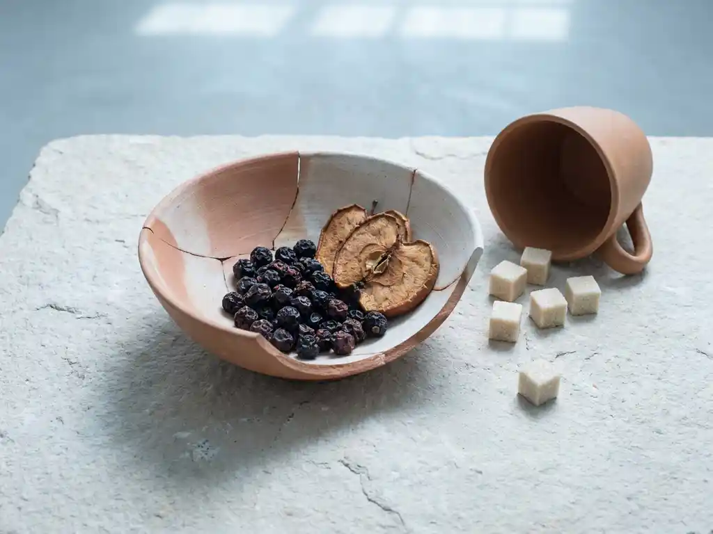 Gebarsten terracotta kom met verwelkte bessen en geoxideerde appelschijfjes naast een omgevallen koffiekop en suikerklontjes op een stenen ondergrond.