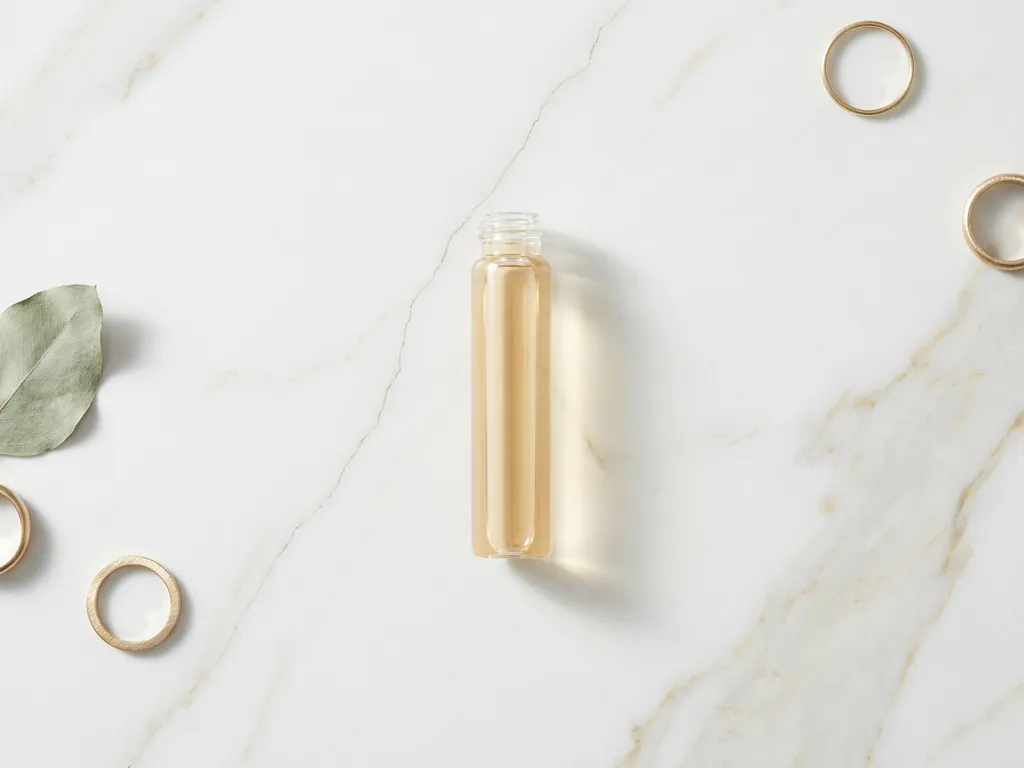 Glazen injectieflacon met lichtamber vloeistof op wit marmeren oppervlak met subtiele haarscheur, minimalistische flatlay.