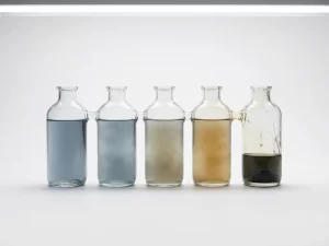 Vijf verbonden glazen vaten op een rij, gevuld met troebel wordende vloeistof, het laatste vat barst onder druk, in blauw-ambertonnen.
