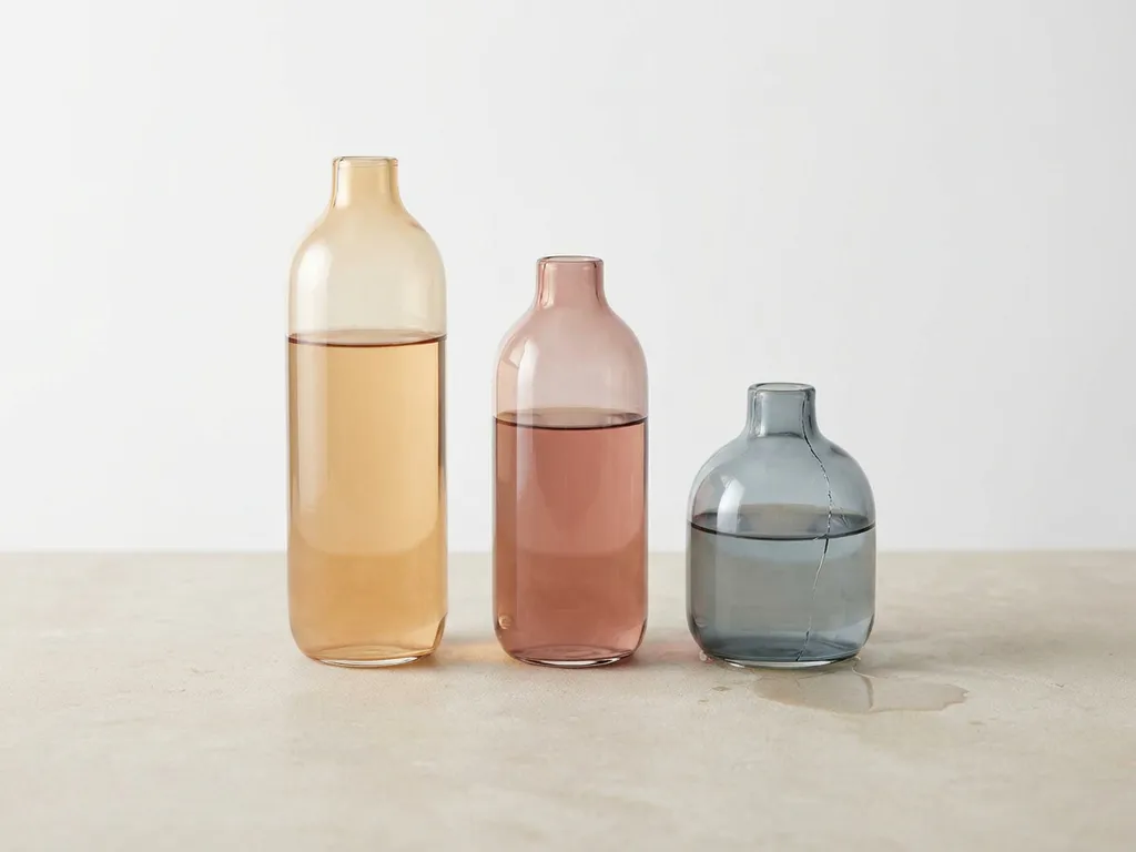 Drie glazen vazen op stenen ondergrond gevuld met amber, roze en grijsblauw vloeistof, één gebarsten en lekkend.