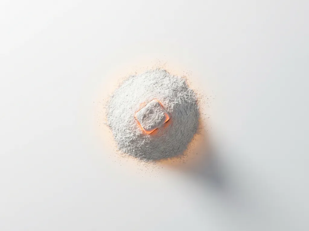 Gloeiende sintels onder wit as op een witte achtergrond, met warme amber gloed en minimalistische compositie.