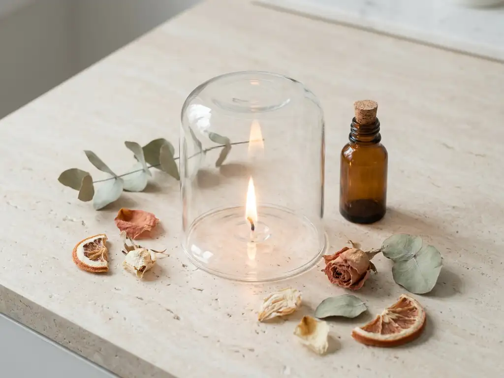 Brandende kaars in glazen houder omringd door gedroogde botanicals en een amber supplementenflesje op een stenen ondergrond.
