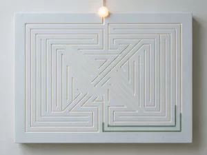 Doolhof van smalle klinische paden in bleek steen met één verlicht uitgangspunt, bovenaanzicht in grijze en ivoren tinten met saliegroen accent.