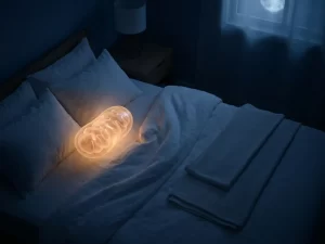 Gloeiende mitochondrion in een donkere slaapkamer met wit beddengoed, warm amber licht tegen diepblauwe achtergrond.