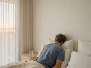 Persoon die moeizaam wakker wordt in zacht ochtendlicht, leunend tegen witte kussens met een onaangeroerd glas water op het nachtkastje.