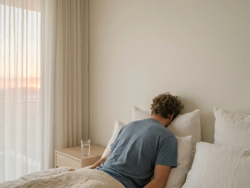 Persoon die moeizaam wakker wordt in zacht ochtendlicht, leunend tegen witte kussens met een onaangeroerd glas water op het nachtkastje.