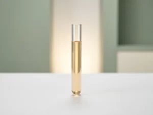Glazen reageerbuis met lichtamber vloeistof op wit oppervlak, zacht warm achtergrondlicht, minimalistische compositie.