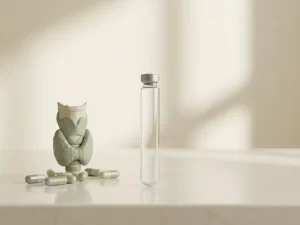 Bloedafnamebuis op wit oppervlak naast schildkliermodel en supplementcapsules voor schildklierfunctieonderzoek.