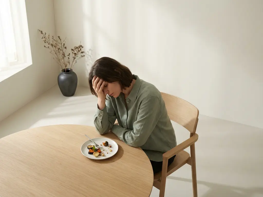 Vermoeide persoon leunend op hand aan een minimalistische eiken tafel met resten van een gezonde maaltijd op wit bord.