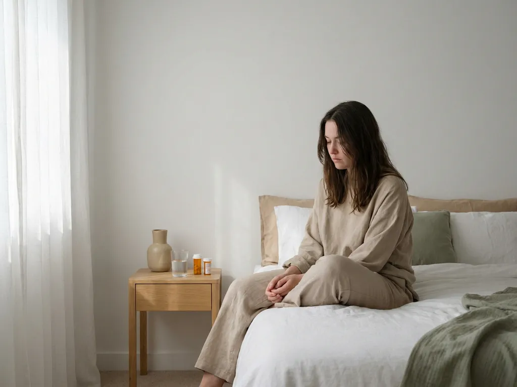 Uitgeputte persoon zittend op minimalistisch wit bed, glas water en supplementen op nachtkastje, zacht ochtendlicht door gordijn.
