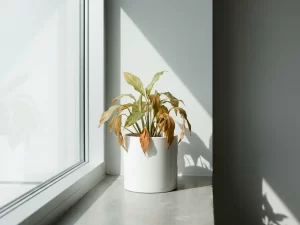 Verwelkende plant in witte keramieken pot met hangende bladeren, zacht daglicht valt diagonaal door raam op grijswitte achtergrond.