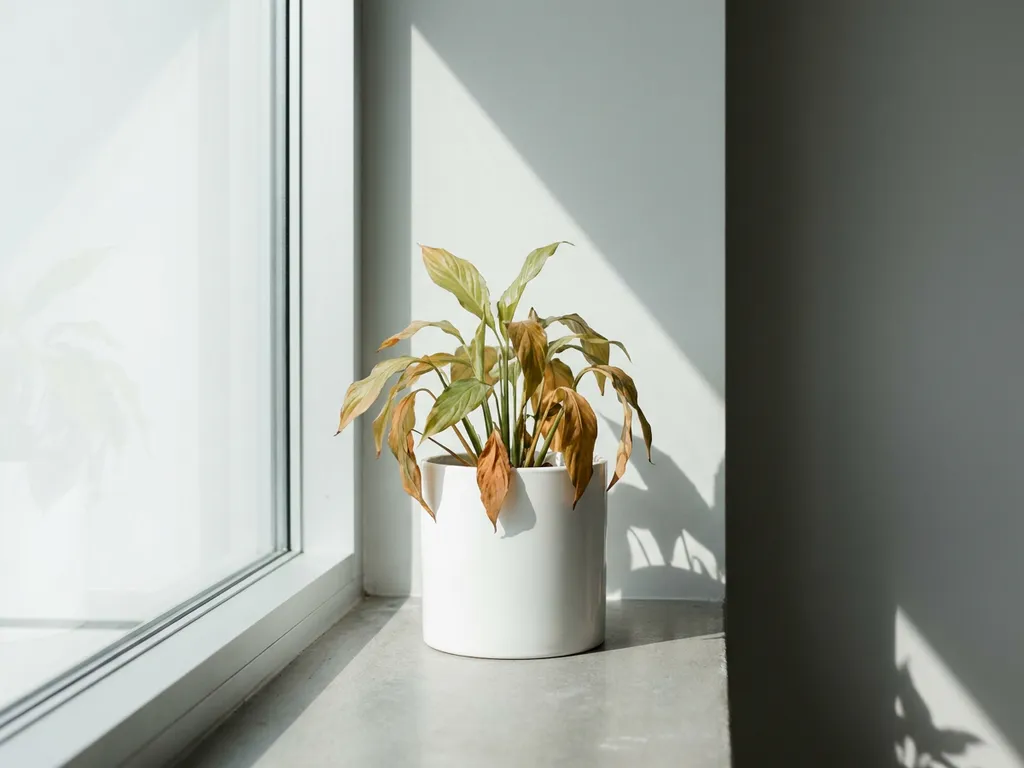 Verwelkende plant in witte keramieken pot met hangende bladeren, zacht daglicht valt diagonaal door raam op grijswitte achtergrond.