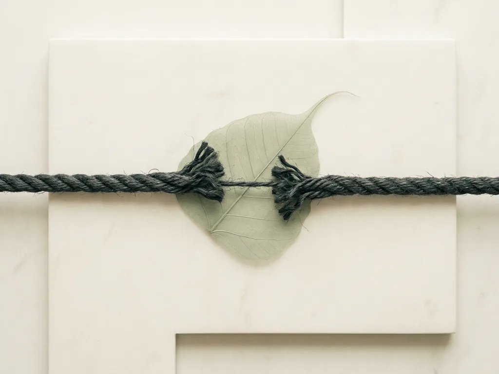Verstrengeld touw dat drukt op een doorschijnend blad, symboliseert zenuwdruk en immuunkwetsbaarheid, op een lichte stenen ondergrond.